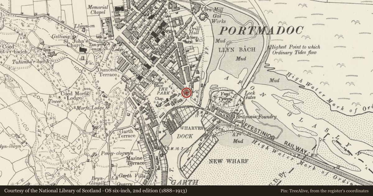 Ordnance Survey six-inch map, 2nd edition (1888–1913) covering the location of Harbour Restaurant and house, Porthmadog, Gwynedd, with a pin at the register's coordinates