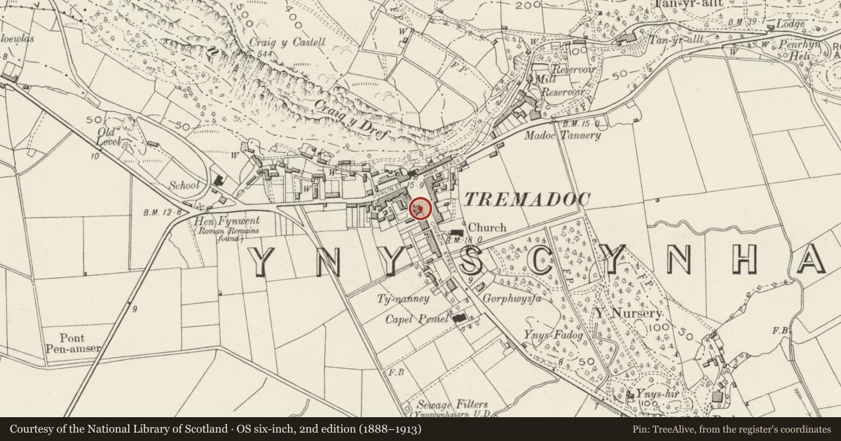 Ordnance Survey six-inch map, 2nd edition (1888–1913) covering the location of Ty Pab, including attached garden wall and gate, Porthmadog, Gwynedd, with a pin at the register's coordinates