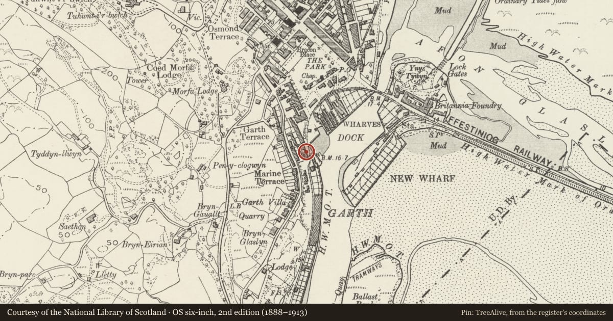 Ordnance Survey six-inch map, 2nd edition (1888–1913) covering the location of Harbourside Clinic and apartments, Porthmadog, Gwynedd, with a pin at the register's coordinates