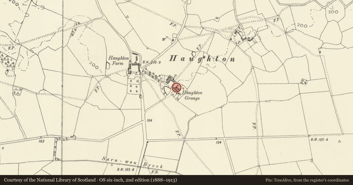Ordnance Survey six-inch map, 2nd edition (1888–1913) covering the location of Haughton Grange, Llandysilio, Powys, with a pin at the register's coordinates