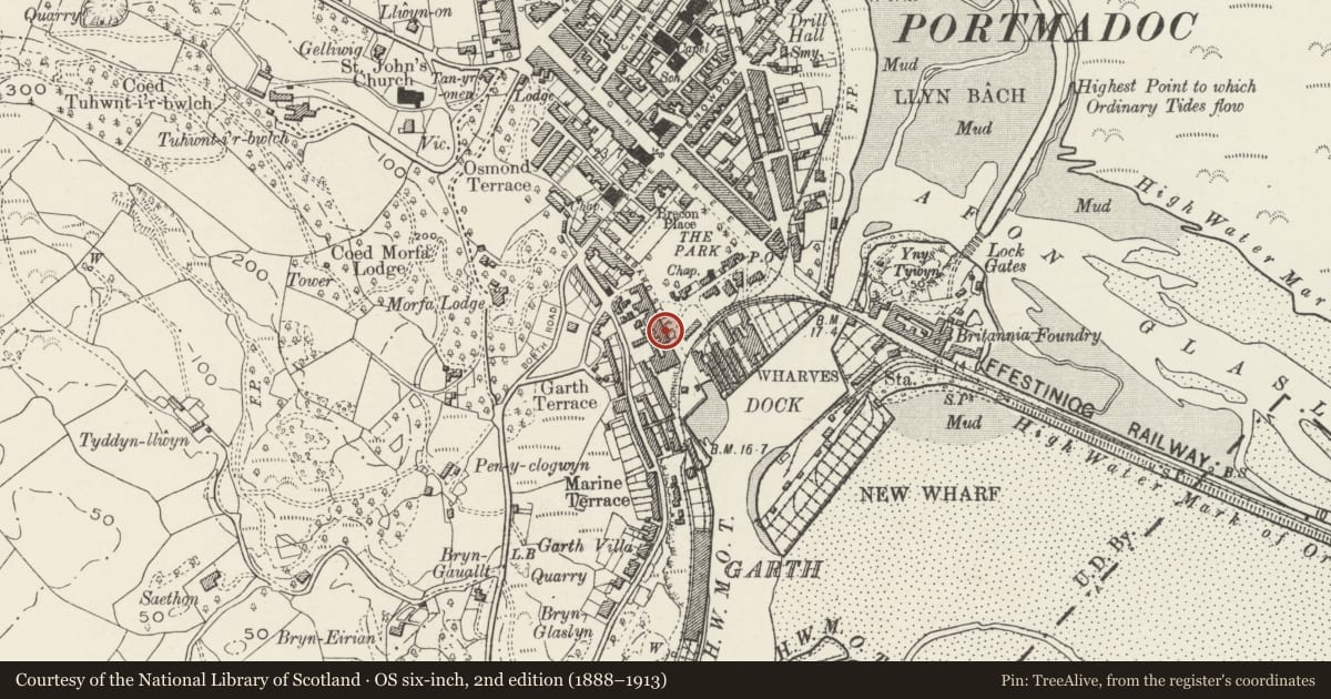 Ordnance Survey six-inch map, 2nd edition (1888–1913) covering the location of Tom Parry & Co, Porthmadog, Gwynedd, with a pin at the register's coordinates