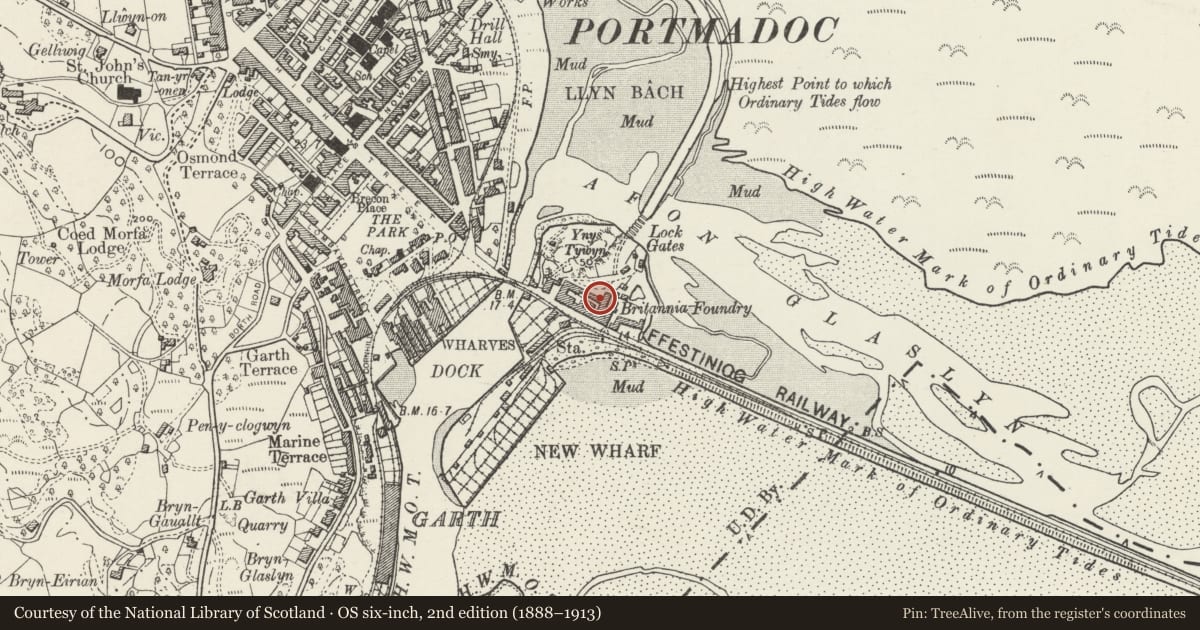 Ordnance Survey six-inch map, 2nd edition (1888–1913) covering the location of Plas Penbwll, Porthmadog, Gwynedd, with a pin at the register's coordinates
