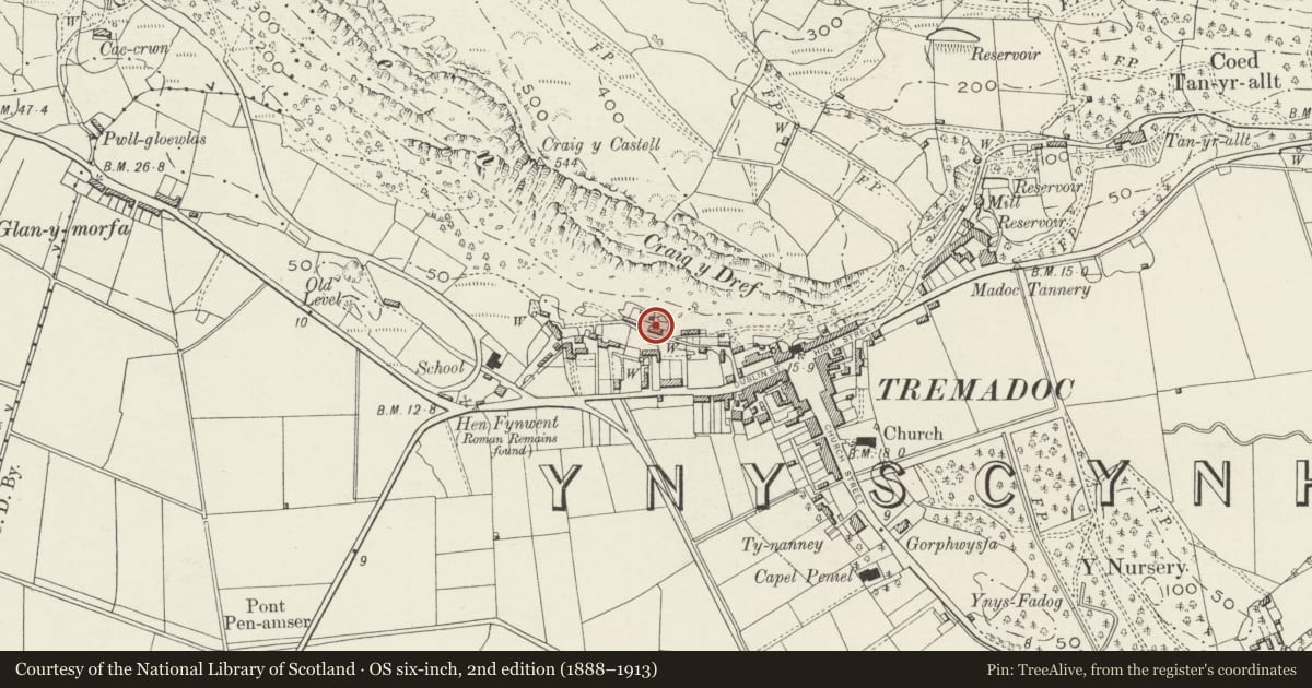 Ordnance Survey six-inch map, 2nd edition (1888–1913) covering the location of 7 Y Graig (Sunnyside), Porthmadog, Gwynedd, with a pin at the register's coordinates