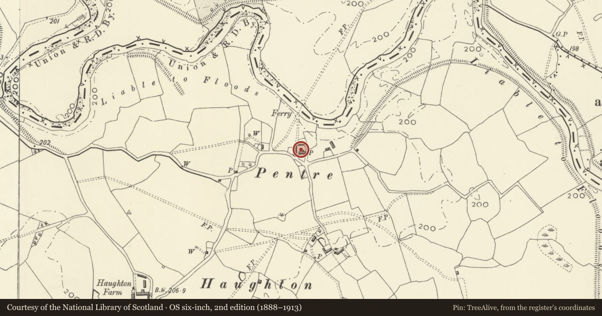 Ordnance Survey six-inch map, 2nd edition (1888–1913) covering the location of Pentre, Llandysilio, Powys, with a pin at the register's coordinates