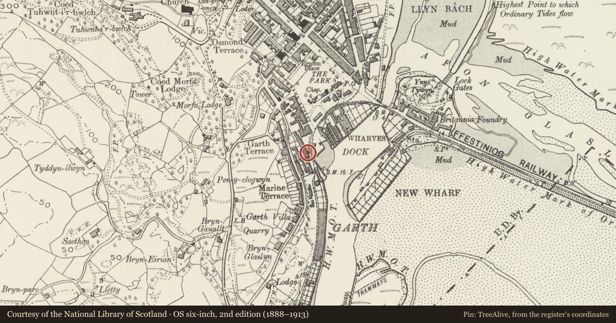 Ordnance Survey six-inch map, 2nd edition (1888–1913) covering the location of 8 Pencei (Cornhill), Porthmadog, Gwynedd, with a pin at the register's coordinates