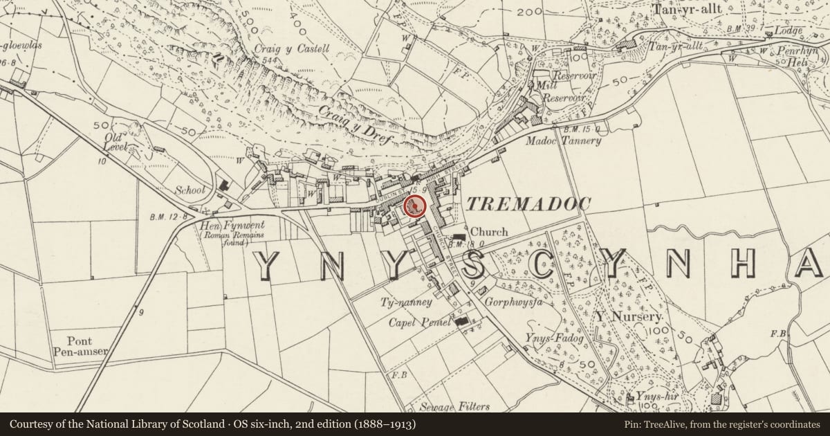 Ordnance Survey six-inch map, 2nd edition (1888–1913) covering the location of The Golden Fleece, Porthmadog, Gwynedd, with a pin at the register's coordinates