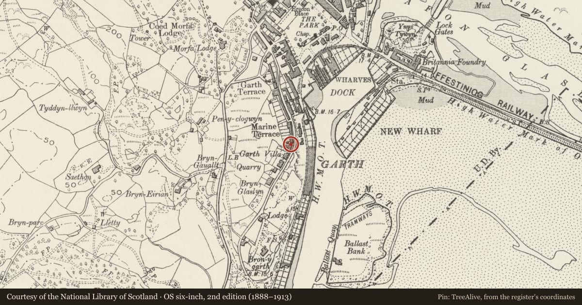 Ordnance Survey six-inch map, 2nd edition (1888–1913) covering the location of Belle Vue, including forecourt wall and railings, Porthmadog, Gwynedd, with a pin at the register's coordinates