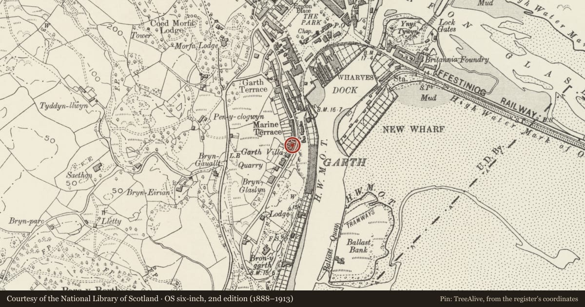 Ordnance Survey six-inch map, 2nd edition (1888–1913) covering the location of Belle Vue, including forecourt wall and railings, Porthmadog, Gwynedd, with a pin at the register's coordinates