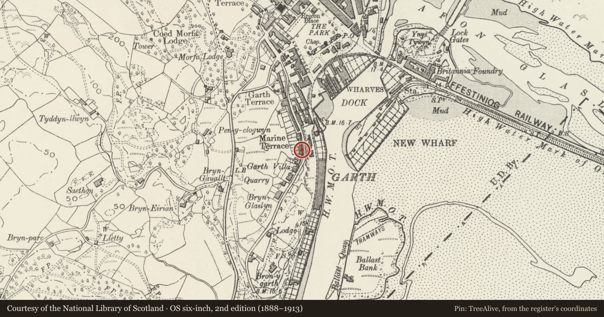 Ordnance Survey six-inch map, 2nd edition (1888–1913) covering the location of Garthowen, Marine Terrace, Porthmadog, Gwynedd, with a pin at the register's coordinates