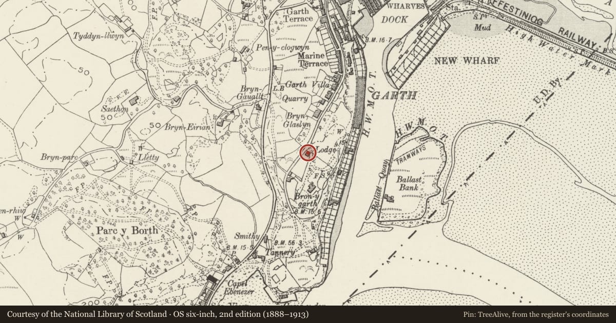 Ordnance Survey six-inch map, 2nd edition (1888–1913) covering the location of Bron y Garth Lodge, Porthmadog, Gwynedd, with a pin at the register's coordinates
