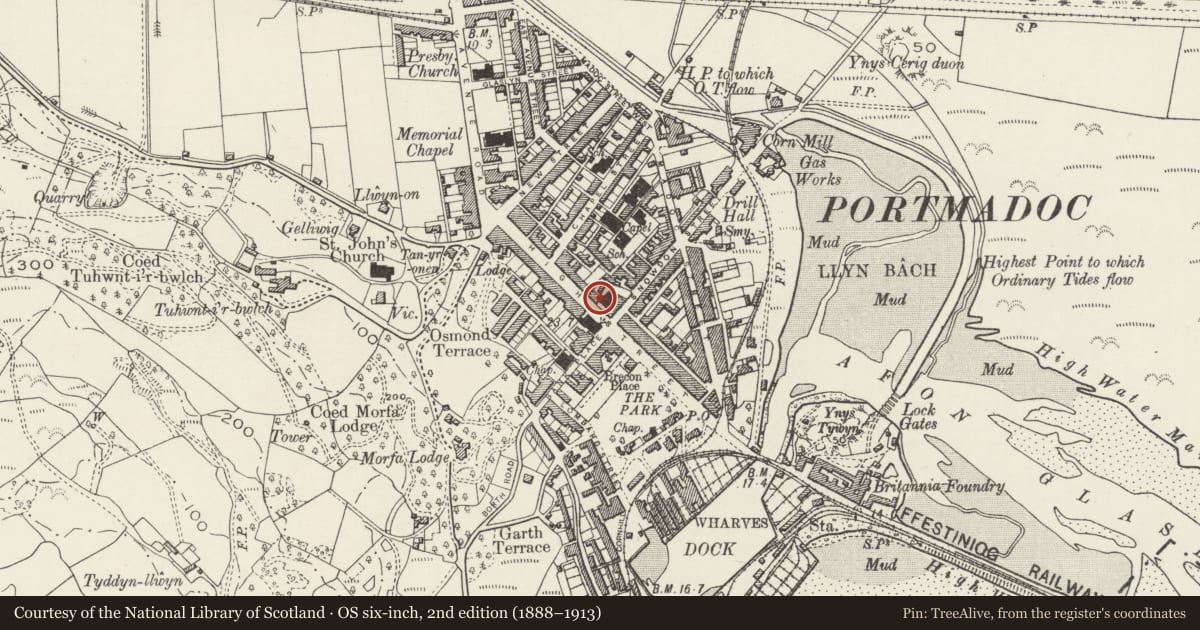 Ordnance Survey six-inch map, 2nd edition (1888–1913) covering the location of Browsers Bookshop and house, Porthmadog, Gwynedd, with a pin at the register's coordinates