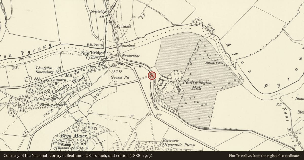 Ordnance Survey six-inch map, 2nd edition (1888–1913) covering the location of Pentreheylin Bridge (No.97) over The Montgomeryshire Canal, Llandysilio, Powys, with a pin at the register's coordinates