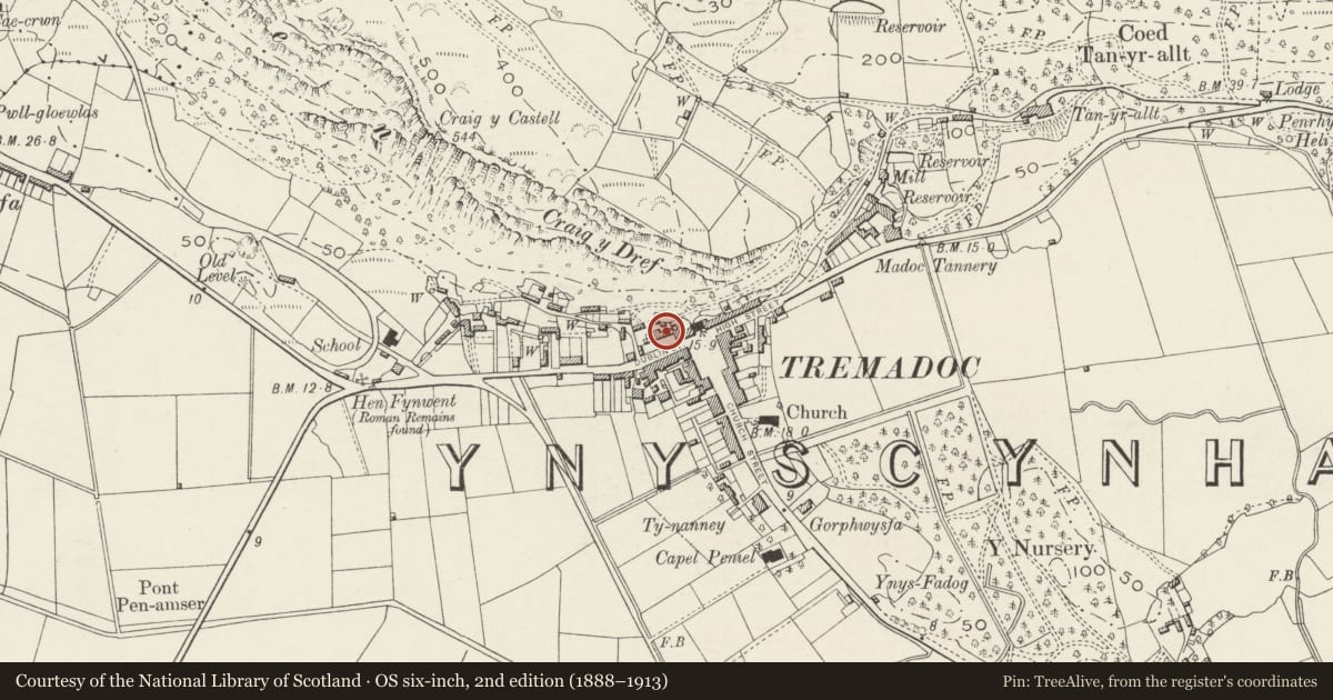 Ordnance Survey six-inch map, 2nd edition (1888–1913) covering the location of Bwthyn Marda, Porthmadog, Gwynedd, with a pin at the register's coordinates