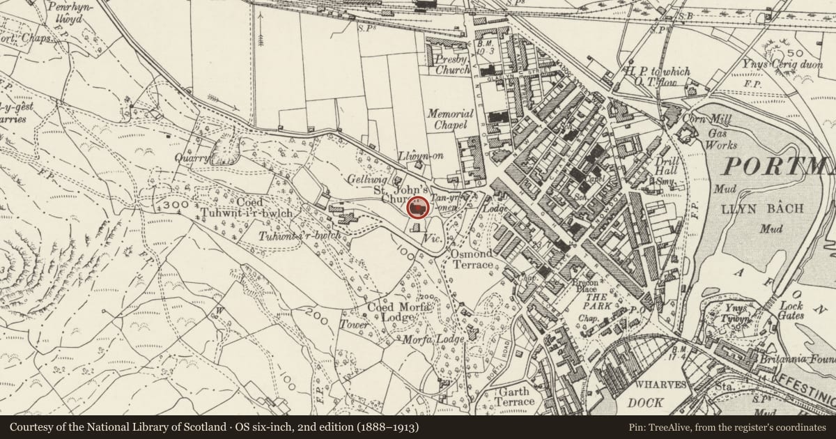 Ordnance Survey six-inch map, 2nd edition (1888–1913) covering the location of Church of St John, Porthmadog, Gwynedd, with a pin at the register's coordinates