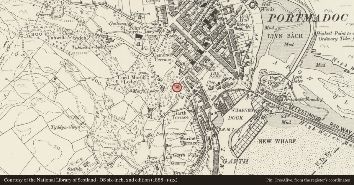 Ordnance Survey six-inch map, 2nd edition (1888–1913) covering the location of Church of the Most Holy Redeemer, Porthmadog, Gwynedd, with a pin at the register's coordinates