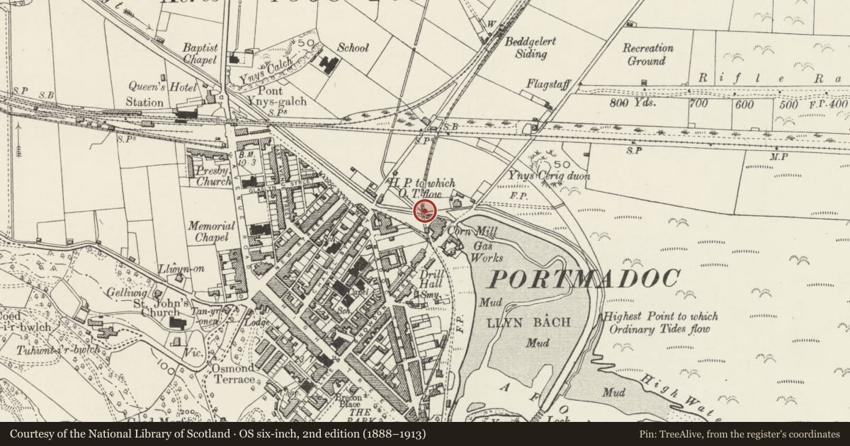Ordnance Survey six-inch map, 2nd edition (1888–1913) covering the location of Croeswr Tramway Bridge over Y Cyt, Porthmadog, Gwynedd, with a pin at the register's coordinates