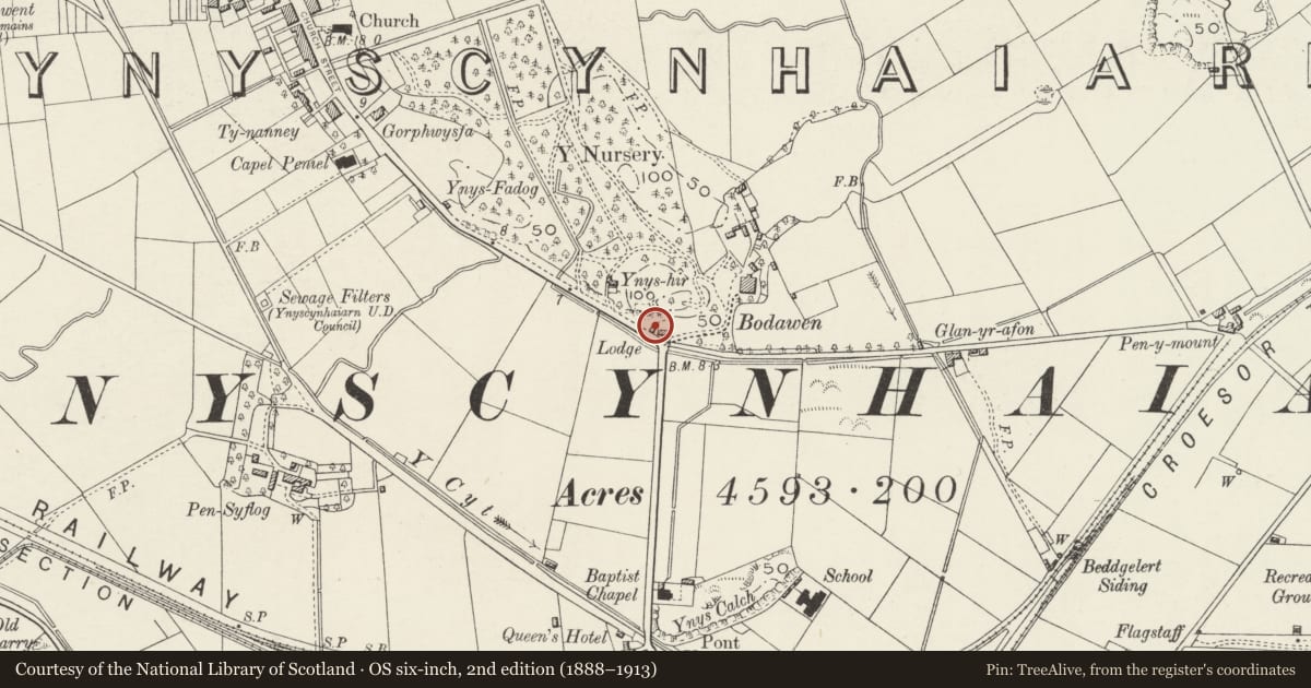 Ordnance Survey six-inch map, 2nd edition (1888–1913) covering the location of Former stable at Bodawen Lodge, Porthmadog, Gwynedd, with a pin at the register's coordinates