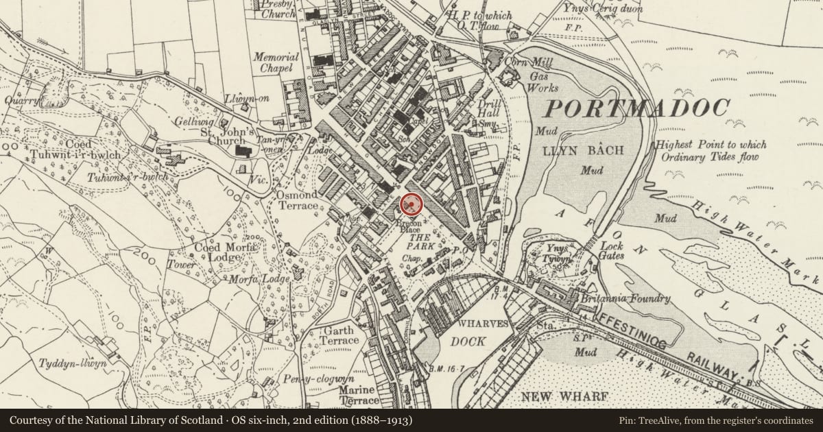 Ordnance Survey six-inch map, 2nd edition (1888–1913) covering the location of Gate piers and gates at entrance to Brecon Place and Greenways, Porthmadog, Gwynedd, with a pin at the register's coordinates