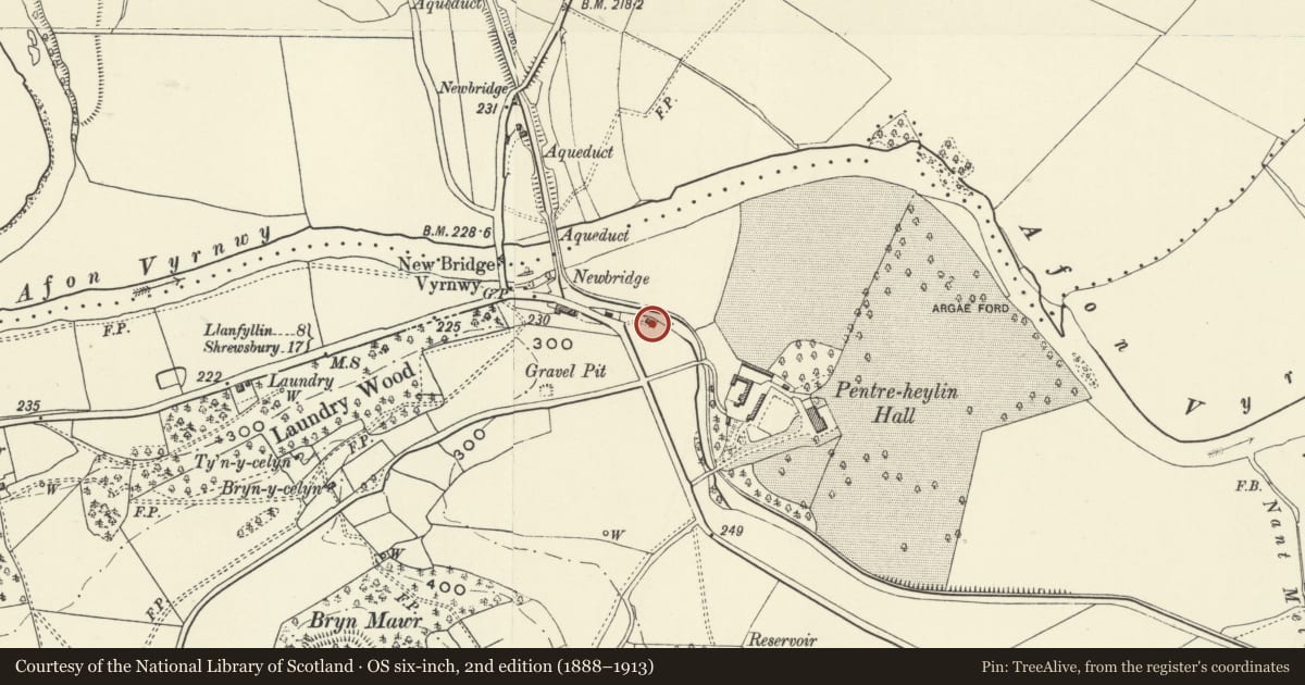 Ordnance Survey six-inch map, 2nd edition (1888–1913) covering the location of Former Salt Warehouse at Newbridge, Llandysilio, Powys, with a pin at the register's coordinates