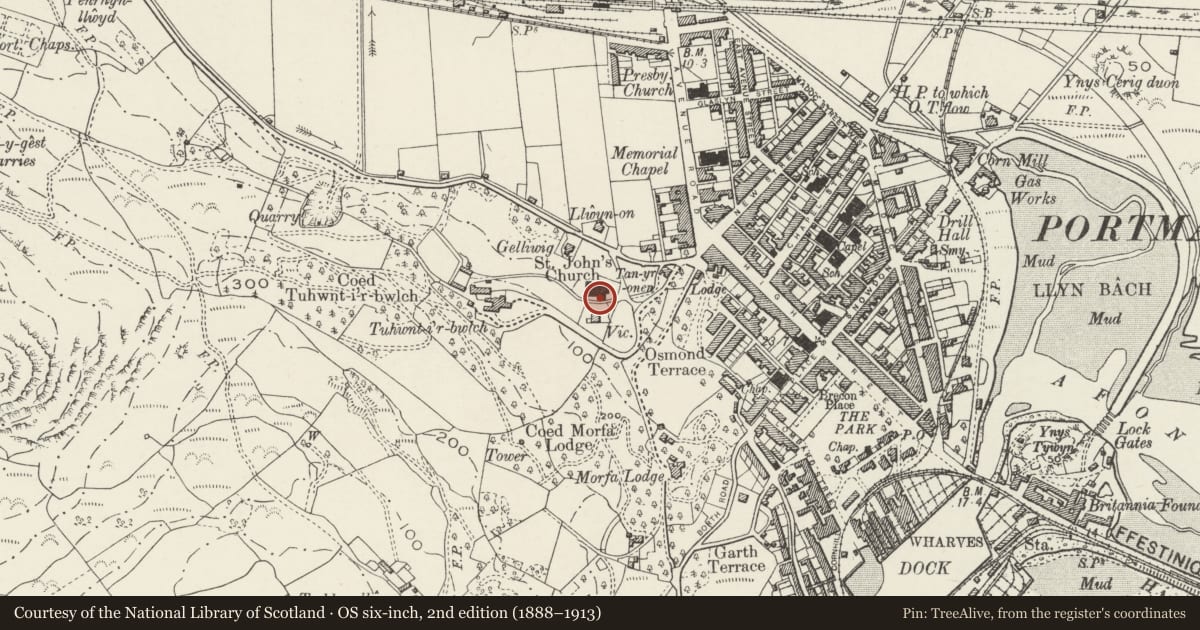 Ordnance Survey six-inch map, 2nd edition (1888–1913) covering the location of Gates, gate piers and flanking walls at S entrance to church of St John, Porthmadog, Gwynedd, with a pin at the register's coordinates