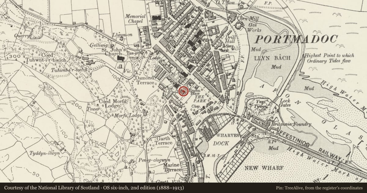 Ordnance Survey six-inch map, 2nd edition (1888–1913) covering the location of Greenways and The Mews, including forecourt walls and gate piers, Porthmadog, Gwynedd, with a pin at the register's coordinates
