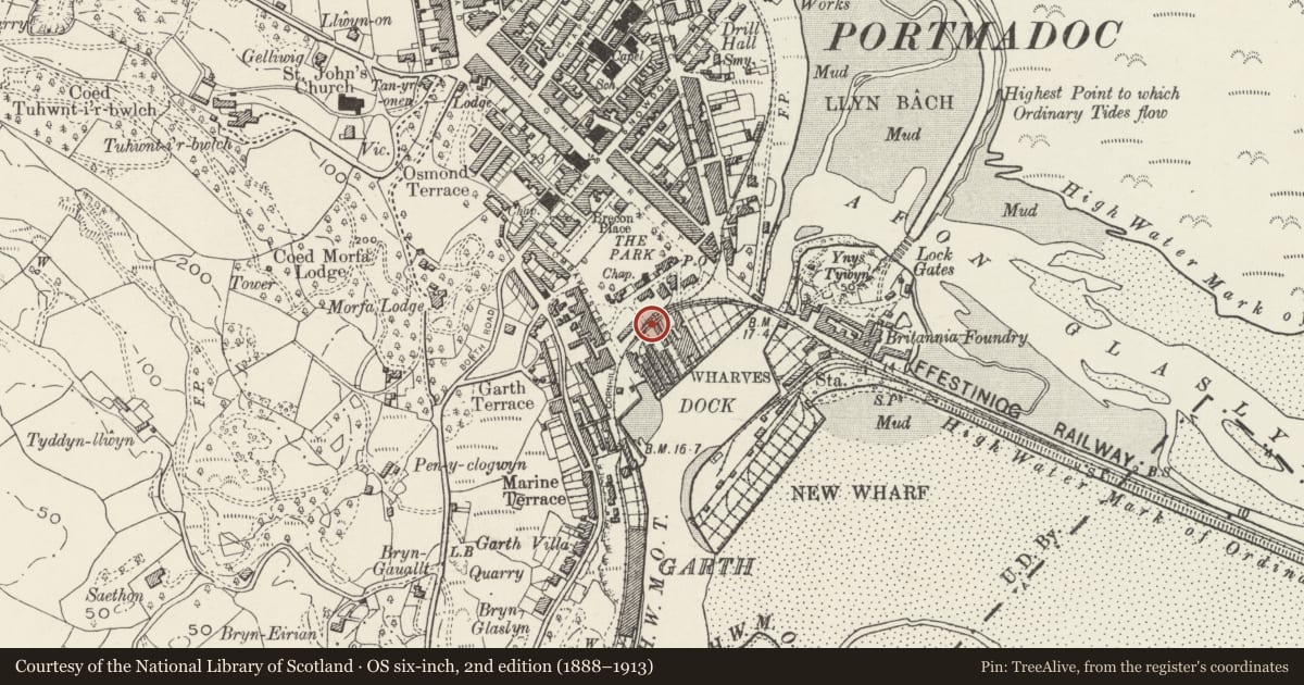 Ordnance Survey six-inch map, 2nd edition (1888–1913) covering the location of Harbour yard walls and gates to Greaves Wharf and Oakleys Wharf, Porthmadog, Gwynedd, with a pin at the register's coordinates