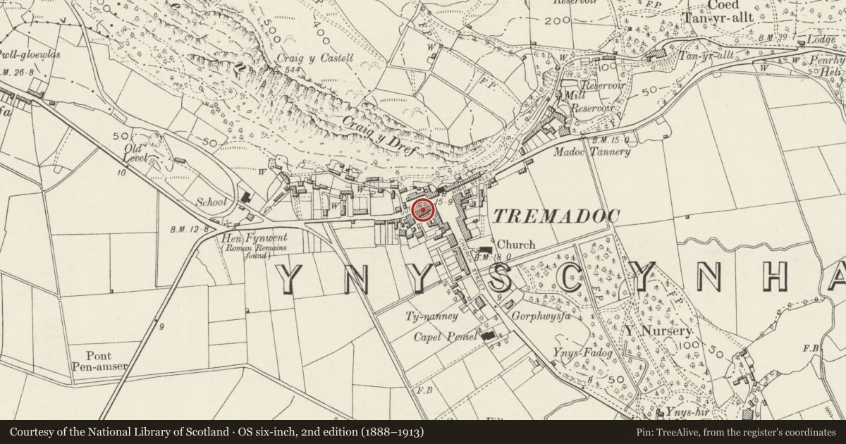 Ordnance Survey six-inch map, 2nd edition (1888–1913) covering the location of Heddfa, Porthmadog, Gwynedd, with a pin at the register's coordinates