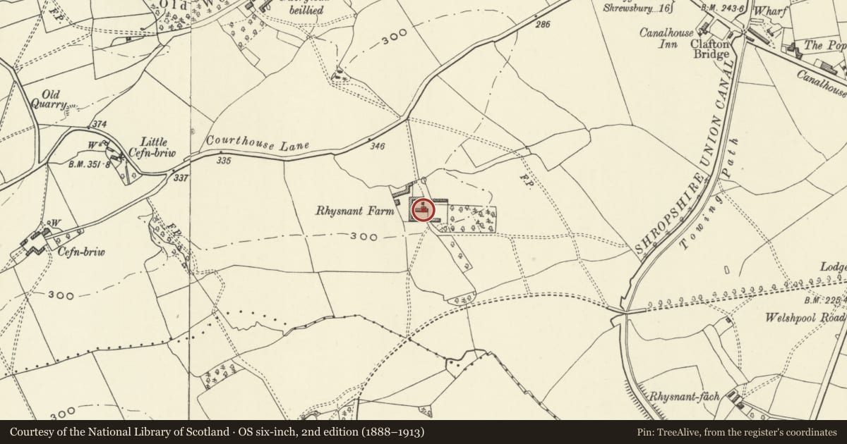 Ordnance Survey six-inch map, 2nd edition (1888–1913) covering the location of Rhysnant Farmhouse, Llandysilio, Powys, with a pin at the register's coordinates