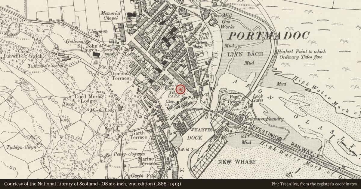 Ordnance Survey six-inch map, 2nd edition (1888–1913) covering the location of Madocks memorial fountain in The Park, Porthmadog, Gwynedd, with a pin at the register's coordinates