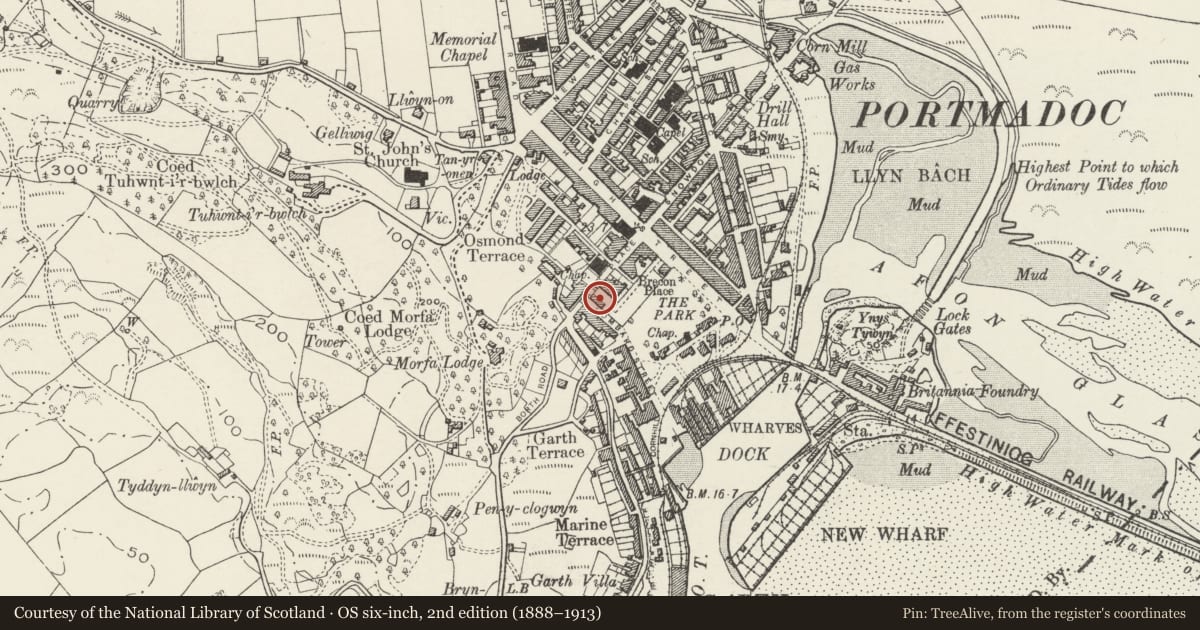 Ordnance Survey six-inch map, 2nd edition (1888–1913) covering the location of Masonic Hall, including forecourt railings and gates, Porthmadog, Gwynedd, with a pin at the register's coordinates