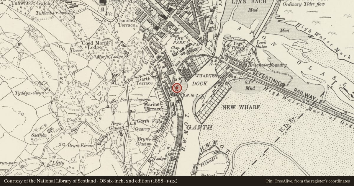 Ordnance Survey six-inch map, 2nd edition (1888–1913) covering the location of Cornhill Wharf, Porthmadog, Gwynedd, with a pin at the register's coordinates