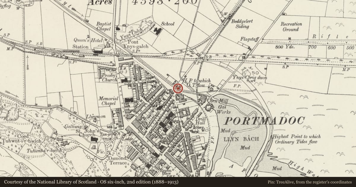 Ordnance Survey six-inch map, 2nd edition (1888–1913) covering the location of Road bridge over Y Cyt beyond NE end of Chapel Street, Porthmadog, Gwynedd, with a pin at the register's coordinates