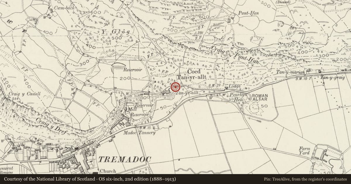 Ordnance Survey six-inch map, 2nd edition (1888–1913) covering the location of Shelley memorial in garden at Plas Tan-yr-allt, Porthmadog, Gwynedd, with a pin at the register's coordinates
