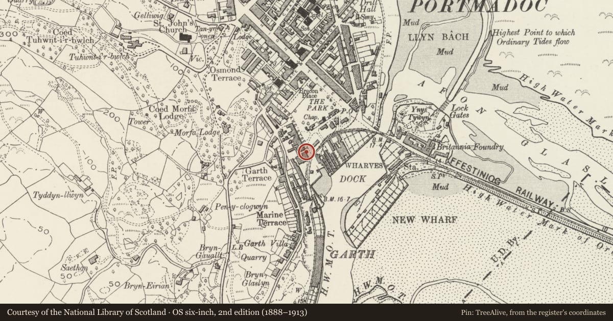 Ordnance Survey six-inch map, 2nd edition (1888–1913) covering the location of Ship on Launch, Porthmadog, Gwynedd, with a pin at the register's coordinates