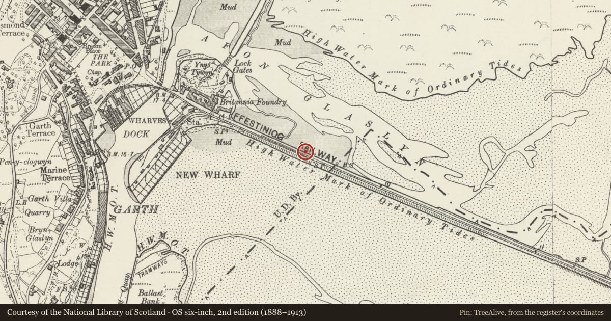 Ordnance Survey six-inch map, 2nd edition (1888–1913) covering the location of The Cob (partly in Penrhyndeudraeth), Porthmadog, Gwynedd, with a pin at the register's coordinates