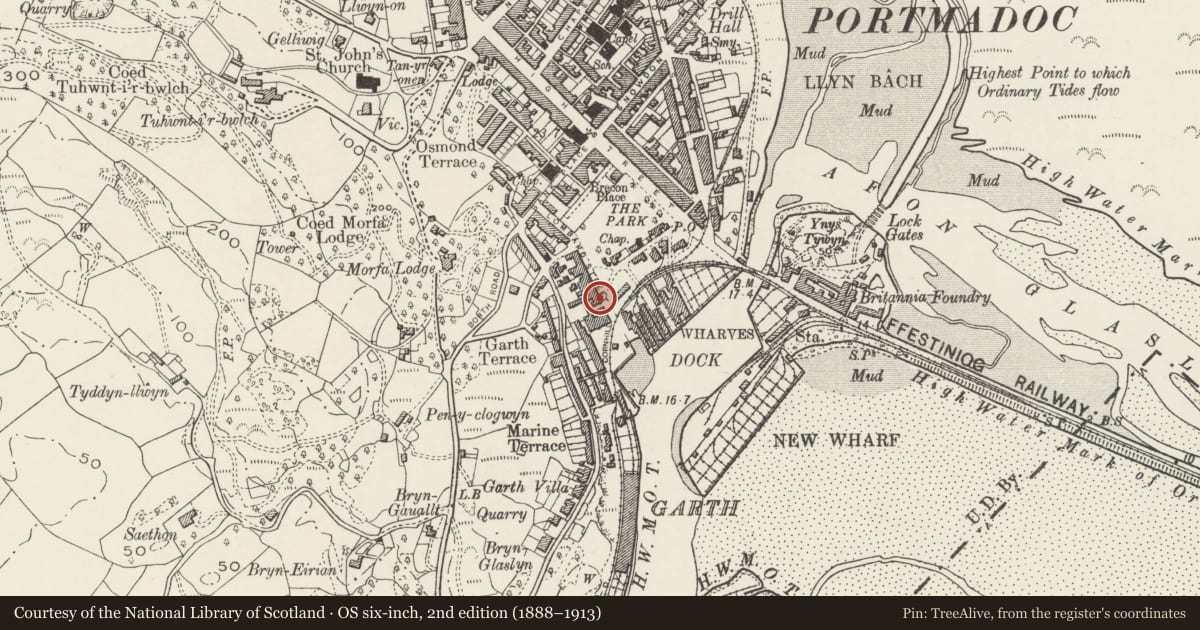 Ordnance Survey six-inch map, 2nd edition (1888–1913) covering the location of Tregunter, including forecourt railings and gate, Porthmadog, Gwynedd, with a pin at the register's coordinates