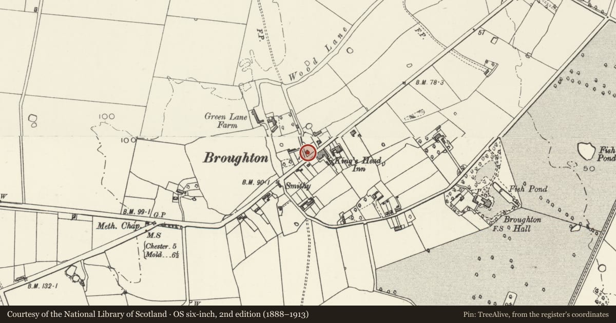 Ordnance Survey six-inch map, 2nd edition (1888–1913) covering the location of Rose Cottage, including forecourt wall, Broughton and Bretton, Flintshire, with a pin at the register's coordinates
