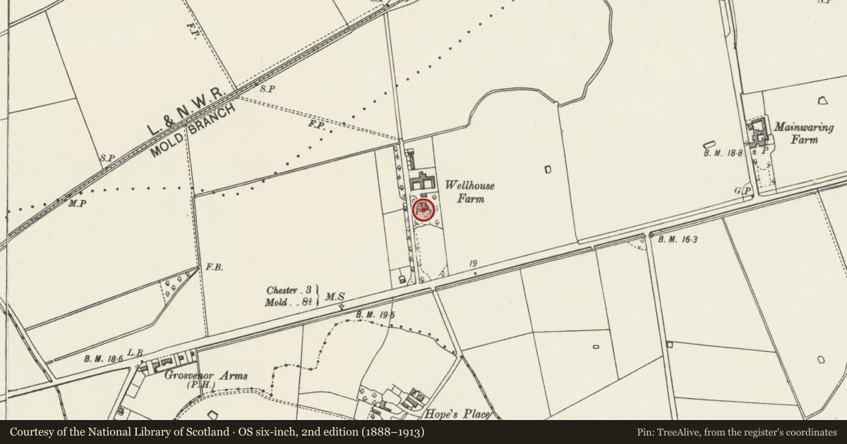 Ordnance Survey six-inch map, 2nd edition (1888–1913) covering the location of Well House Farm, Broughton and Bretton, Flintshire, with a pin at the register's coordinates