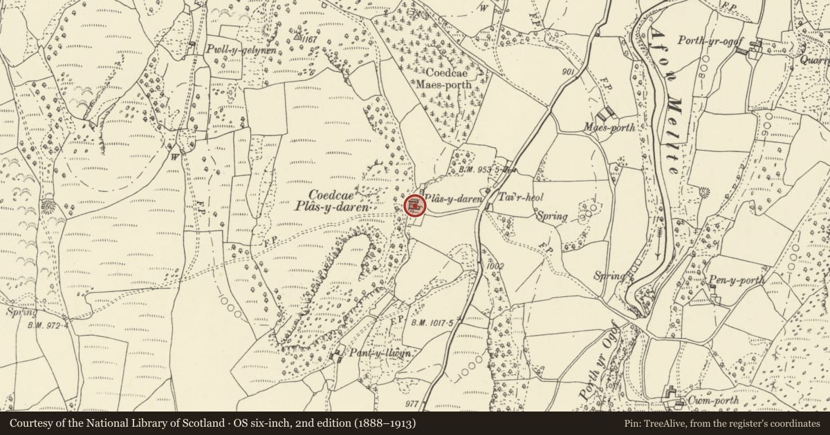 Ordnance Survey six-inch map, 2nd edition (1888–1913) covering the location of Plas-y-darren, Ystradfellte, Powys, with a pin at the register's coordinates