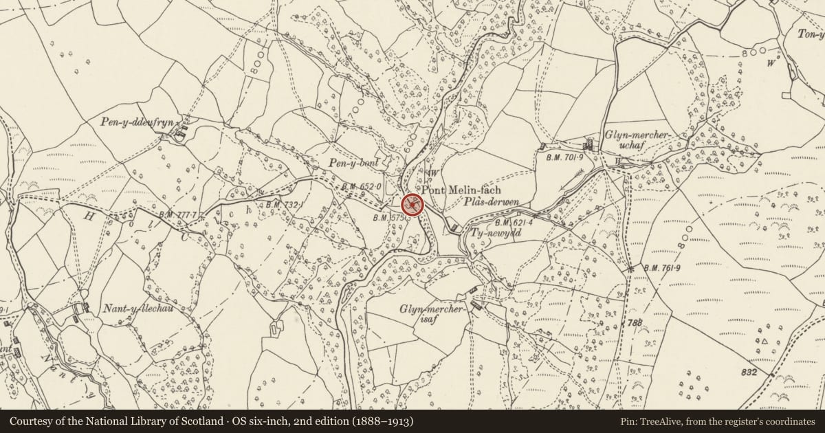 Ordnance Survey six-inch map, 2nd edition (1888–1913) covering the location of Pont Melin-fach, Ystradfellte, Powys, with a pin at the register's coordinates