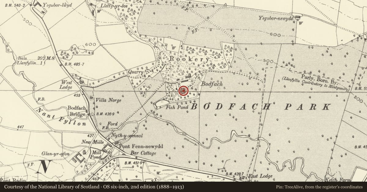 Ordnance Survey six-inch map, 2nd edition (1888–1913) covering the location of Bodfach Hall Hotel, Llanfyllin, Powys, with a pin at the register's coordinates