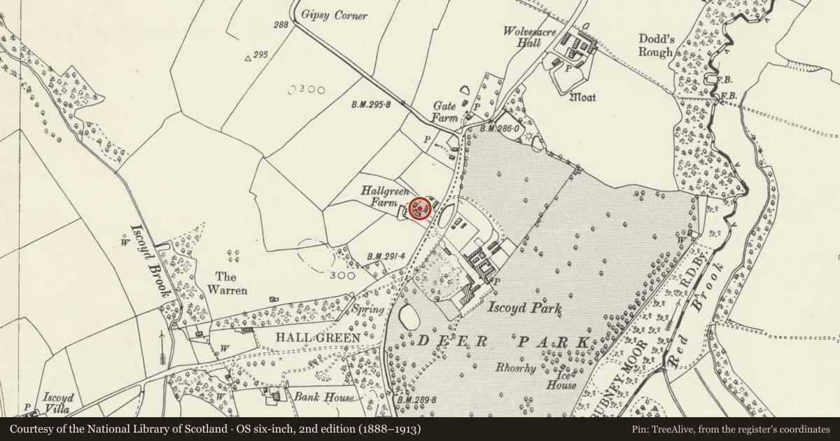 Ordnance Survey six-inch map, 2nd edition (1888–1913) covering the location of 1 Hall Green Cottages, Bronington, Wrexham, with a pin at the register's coordinates