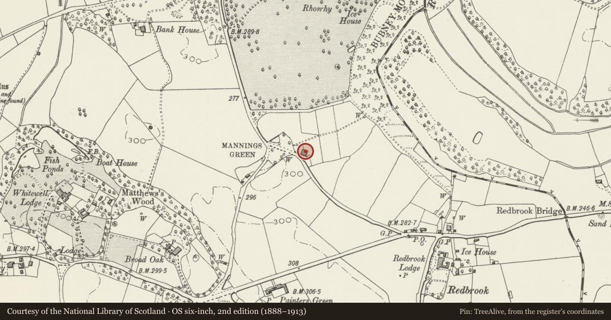 Ordnance Survey six-inch map, 2nd edition (1888–1913) covering the location of 1 Iscoyd Cottages, Bronington, Wrexham, with a pin at the register's coordinates