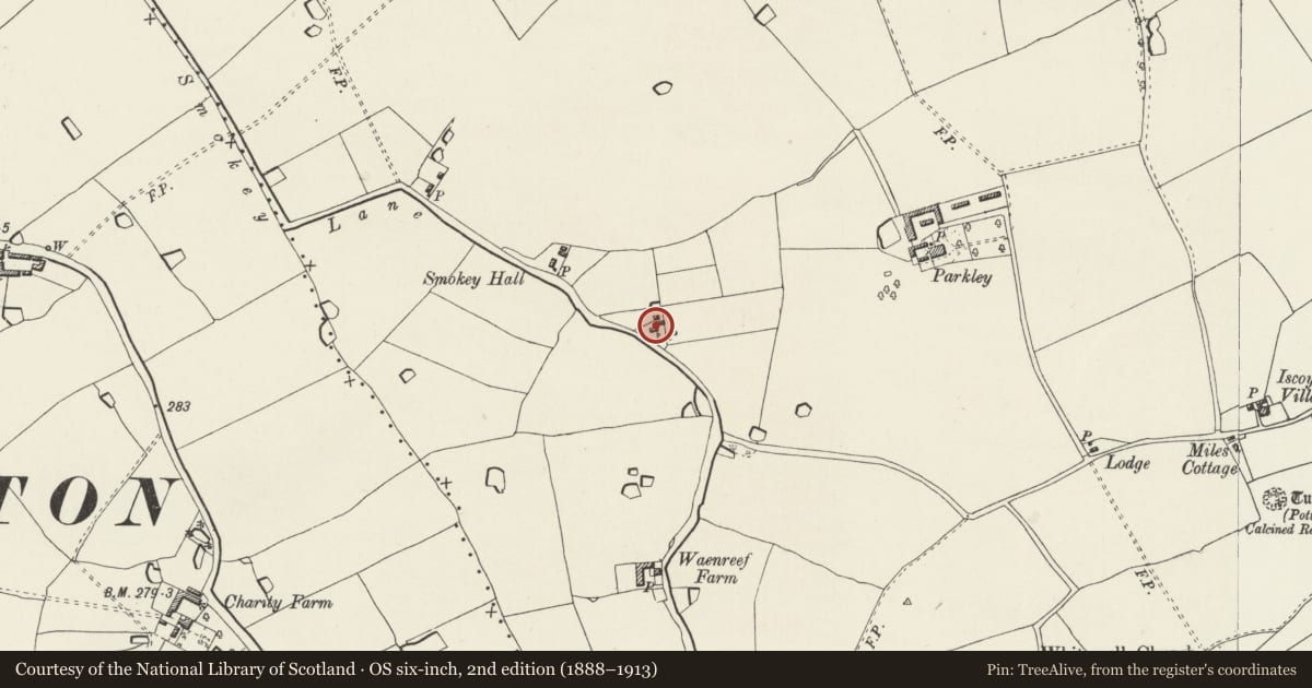 Ordnance Survey six-inch map, 2nd edition (1888–1913) covering the location of 1 Smokey Lane, Bronington, Wrexham, with a pin at the register's coordinates