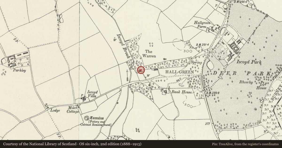 Ordnance Survey six-inch map, 2nd edition (1888–1913) covering the location of 1 Warren Cottages, Bronington, Wrexham, with a pin at the register's coordinates