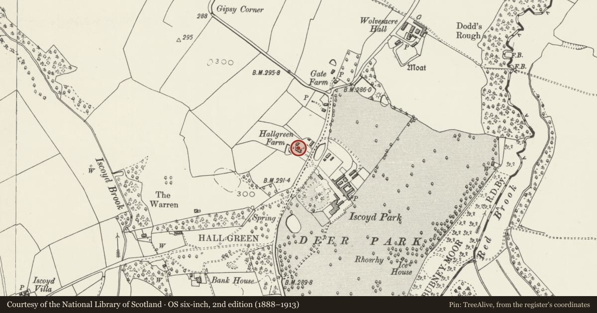Ordnance Survey six-inch map, 2nd edition (1888–1913) covering the location of 2 Hall Green Cottages, Bronington, Wrexham, with a pin at the register's coordinates