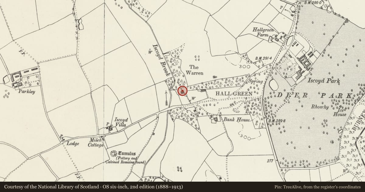 Ordnance Survey six-inch map, 2nd edition (1888–1913) covering the location of 2 Warren Cottages, Bronington, Wrexham, with a pin at the register's coordinates