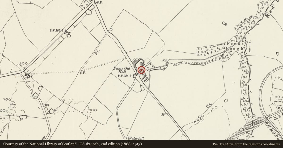 Ordnance Survey six-inch map, 2nd edition (1888–1913) covering the location of Barn at Fenns Old Hall, Bronington, Wrexham, with a pin at the register's coordinates