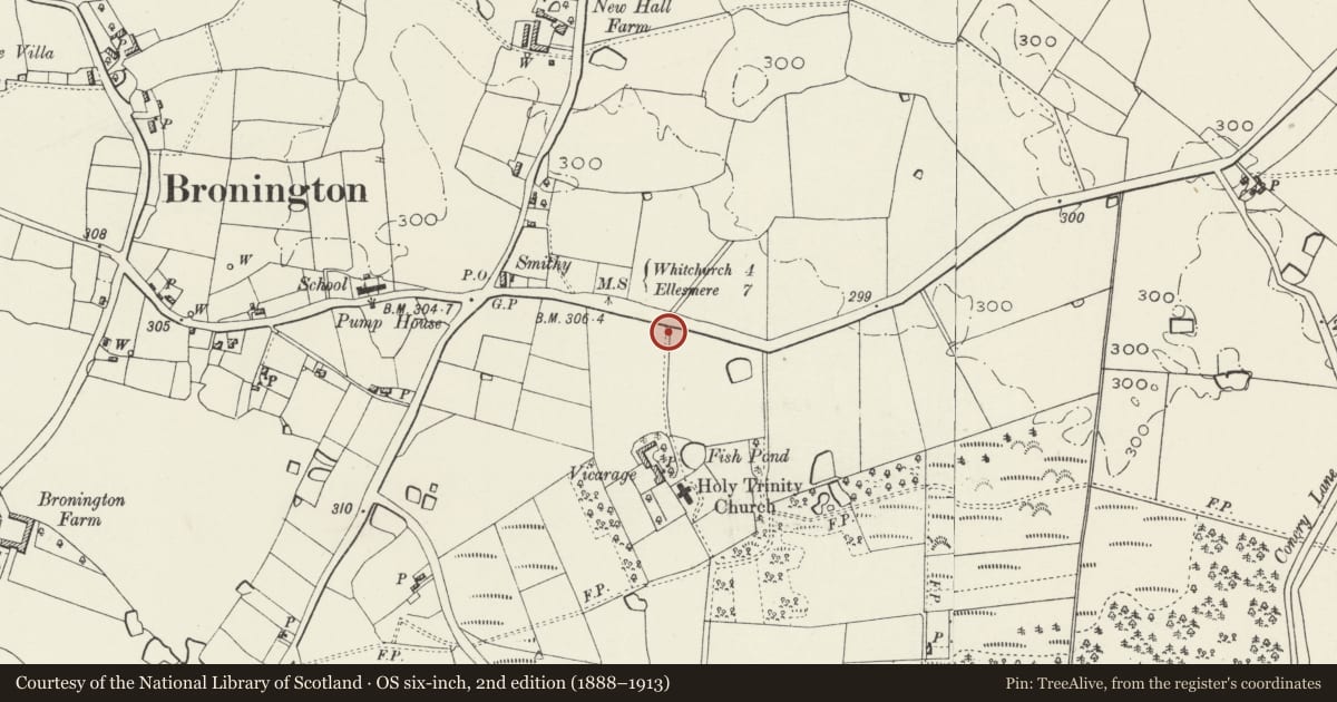 Ordnance Survey six-inch map, 2nd edition (1888–1913) covering the location of Bronington war memorial, Wrexham, with a pin at the register's coordinates