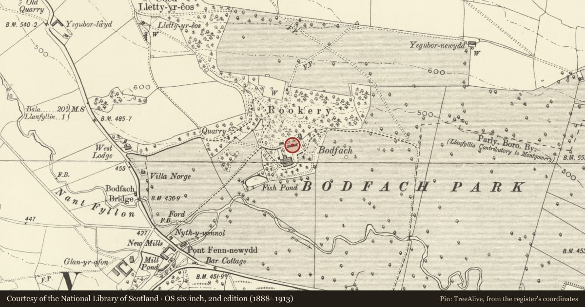 Ordnance Survey six-inch map, 2nd edition (1888–1913) covering the location of Old Coach House at Bodfach Hall Hotel, Llanfyllin, Powys, with a pin at the register's coordinates